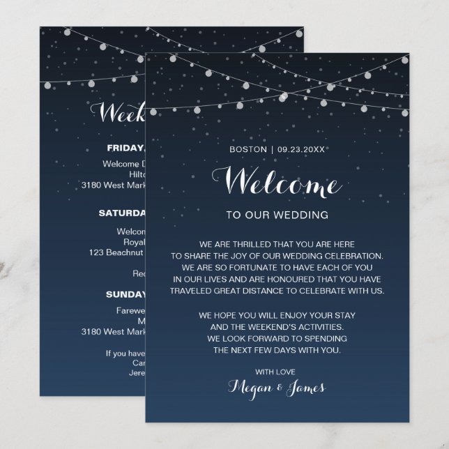 Invitación Nota de Bienvenida de Boda Estrellas Azules de la  (Anverso / Reverso)