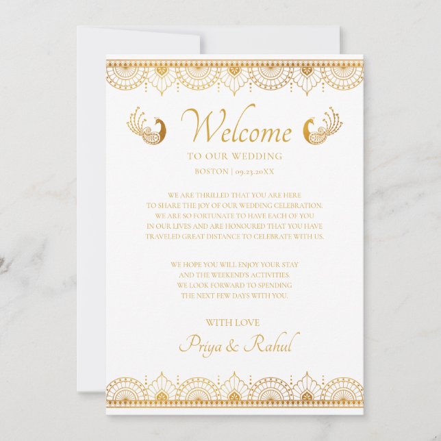 Invitación Nota de bienvenida de boda india con patrón dorado (Anverso)