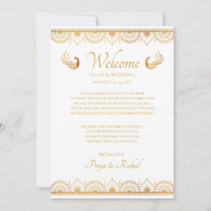 Invitación Nota de bienvenida para boda india con elegante pa