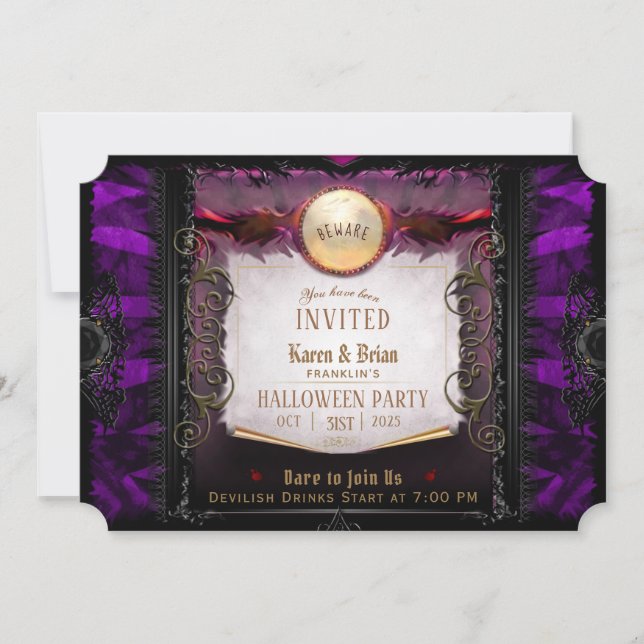 Invitación Nota de la fiesta de Halloween Purple & Black Eleg (Anverso)
