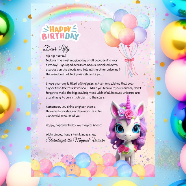 Invitación Nota mágica personalizada de la carta de cumpleaño (Magical Pastel Rainbow Unicorn Birthday Letter — Cute Whimsical Gift Note)