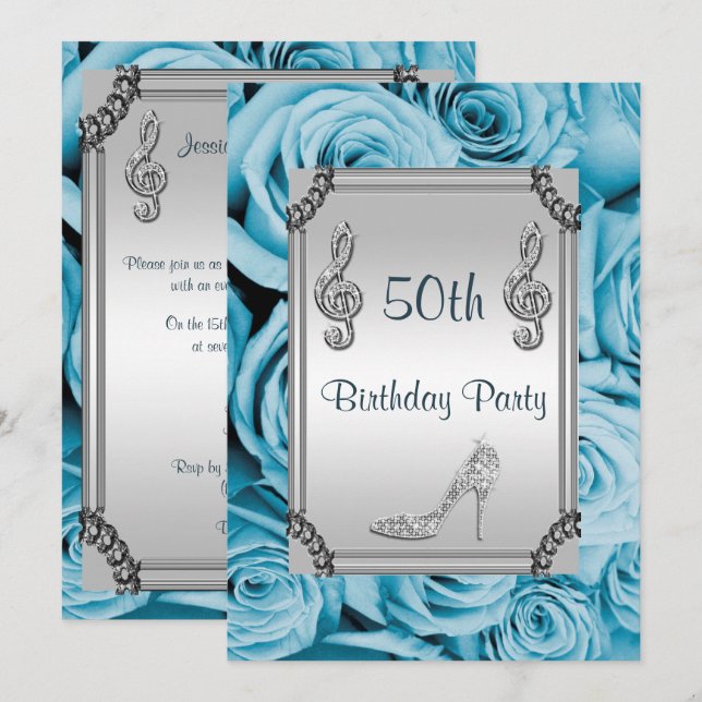 Invitación Nota musical de diamantes, Rosas Stiletto y Azul 5 (Anverso / Reverso)