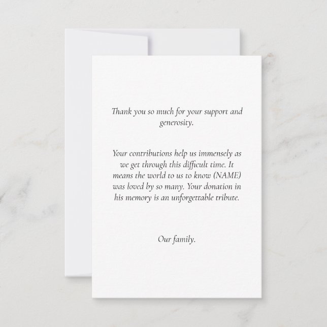 Invitación Notas de agradecimiento funerales para donaciones (Anverso)