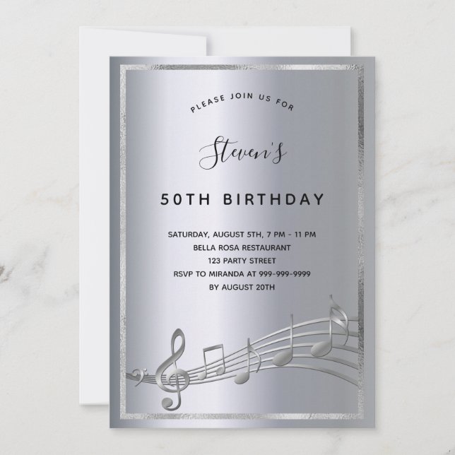 Invitación Notas de música de plata de cumpleaños (Anverso)
