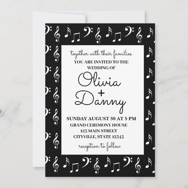 Invitación Notas Musicales Boda en Blanco y Negro  (Anverso)