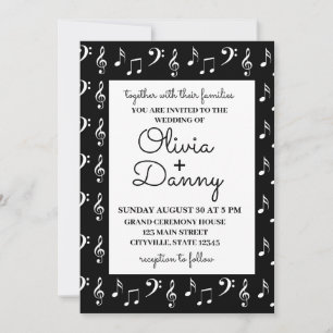 Invitación Notas Musicales Boda en Blanco y Negro 