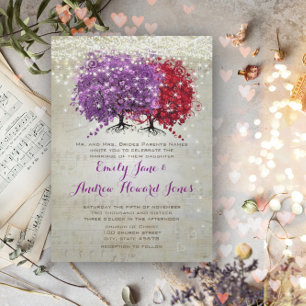 Invitación Notas Musicales Corazón Rojo Púrpura Hoja Árbol Bo