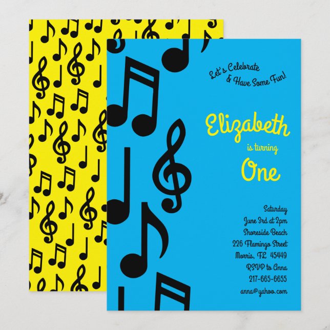 Invitación Notas musicales Cute Kids 1er cumpleaños Fiesta (Anverso / Reverso)