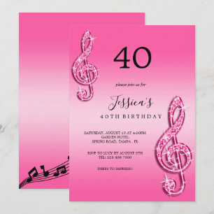 Invitación Notas Musicales de Cumpleaños Rosadas y Brillantes