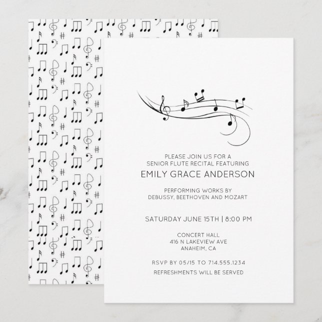 Invitación Notas musicales de Flute Recital Negro y Blanco (Anverso / Reverso)