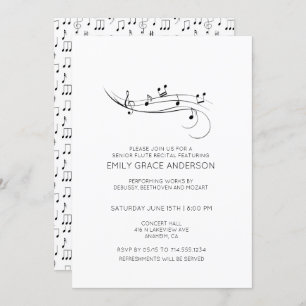 Invitación Notas musicales de Flute Recital Negro y Blanco