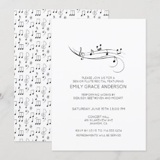 Invitación Notas musicales de Flute Recital Negro y Blanco