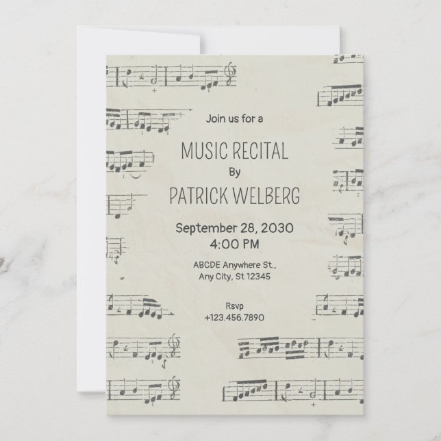 Invitación Notas musicales de papel de época (Anverso)