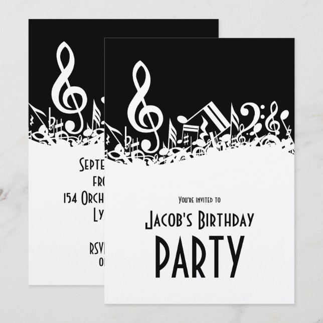 Invitación Notas musicales jumbleadas de blanco personalizada (Anverso / Reverso)