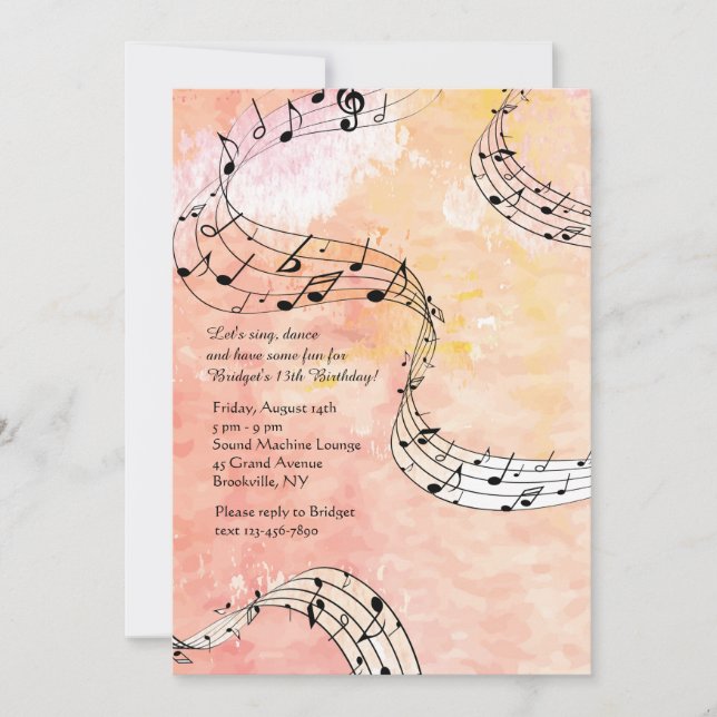 Invitación Notas musicales sobre fondo de coral (Anverso)