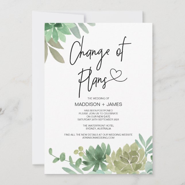 Invitación Notas pospuestas Cambio Boda de planes sucesivos (Anverso)