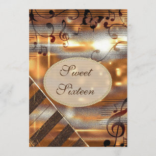 Invitación Notas Purpurinoso de Silver y Gold Music Sweet 16