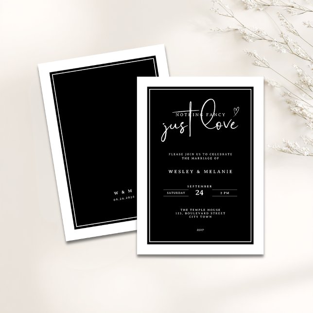 Invitación Nothing Fancy Just Love Black Elegant Wedding (Nothing fancy just love minimalist wedding invitation in black and white colors)