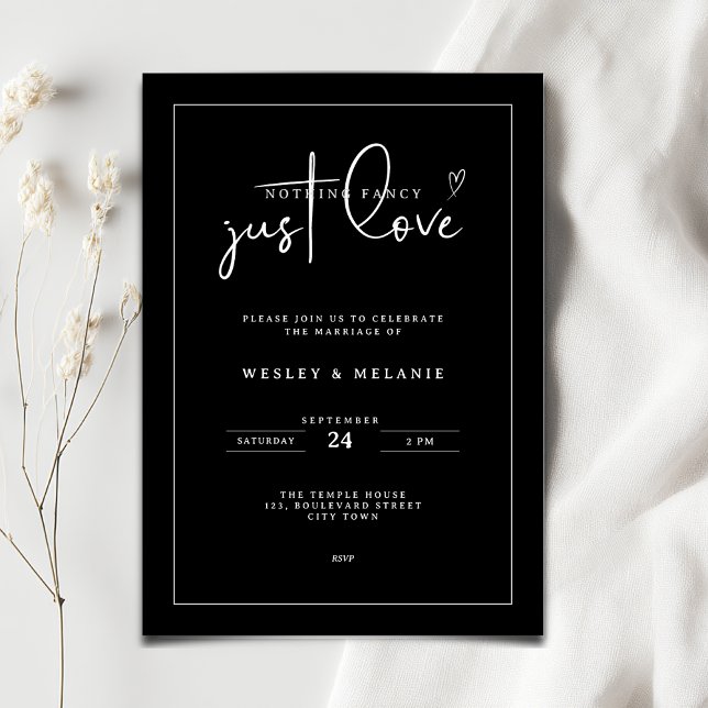 Invitación Nothing Fancy Just Love Black Minimalist Wedding (Nothing fancy just love minimalist wedding invitation in black and white color)