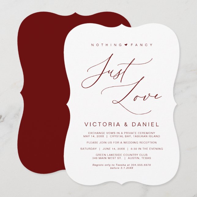 Invitación Nothing Fancy Just Love, Burdeos, Boda Fugaz (Anverso / Reverso)