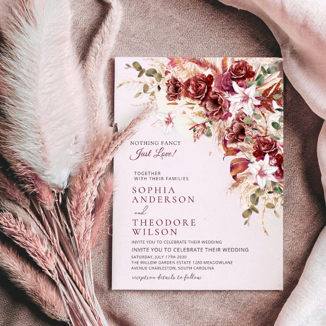 Invitación Nothing Fancy Just Love Burgundy Floral Qr Wedding (Subido por el creador)