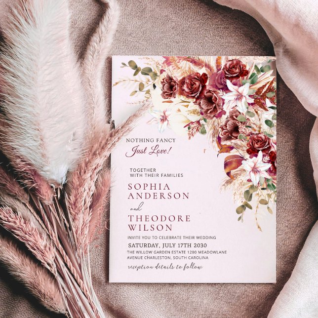 Invitación Nothing Fancy Just Love Burgundy Floral Qr Wedding (Subido por el creador)