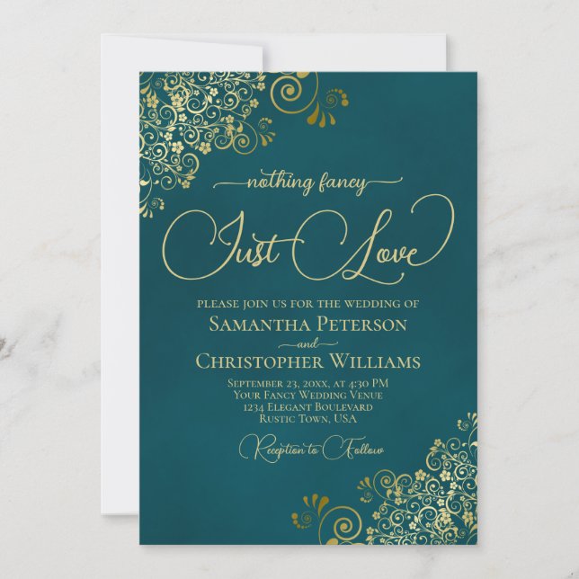 Invitación Nothing Fancy Just Love Deep Teal & Gold Wedding (Anverso)