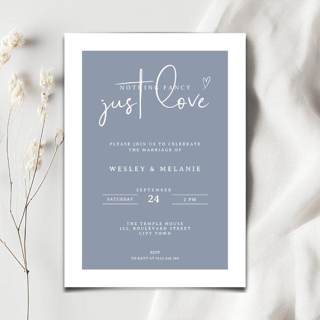 Invitación Nothing Fancy Just Love Dust Blue Elegant Wedding (Nothing fancy just love minimalist wedding invitation in dusty blue color)