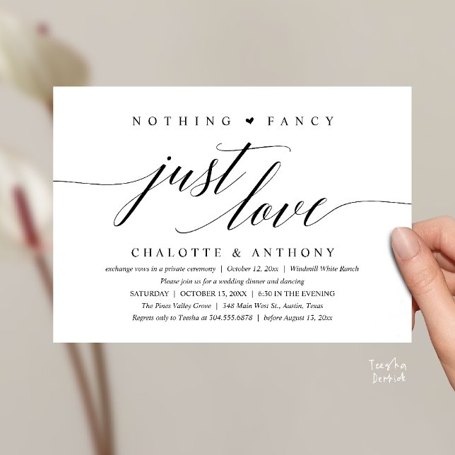 Invitación Nothing Fancy, Just Love, Modern Classy Reception (Modern Classy Nothing Fancy, Just Love, Wedding Reception Dinner Invitation Card in Black and White)