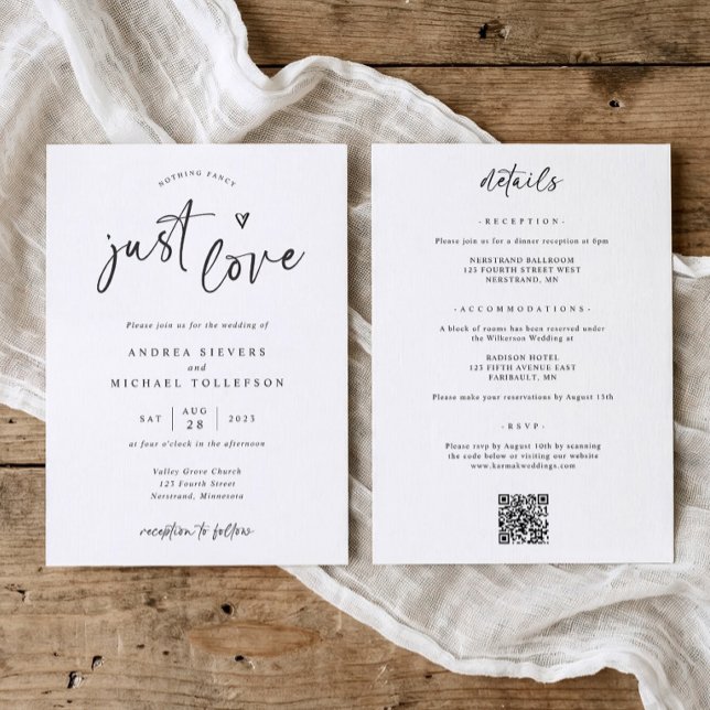 Invitación Nothing Fancy Just Love Modern Handwriting Wedding (Minimalist black and white wedding invitation with “nothing fancy, just love” handwriting)