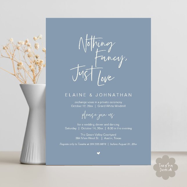 Invitación Nothing Fancy Just Love Modern Minimalist Casual (Nothing Fancy Just Love Modern Minimalist Casual Wedding Dinner Invitation Card in Dusty Blue)