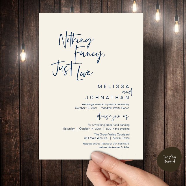 Invitación Nothing Fancy Just Love, Modern Wedding Dinner (Nothing Fancy Just Love, Modern Wedding Reception Dinner Lunch Brunch Invites Card Navy Blue Ivory)