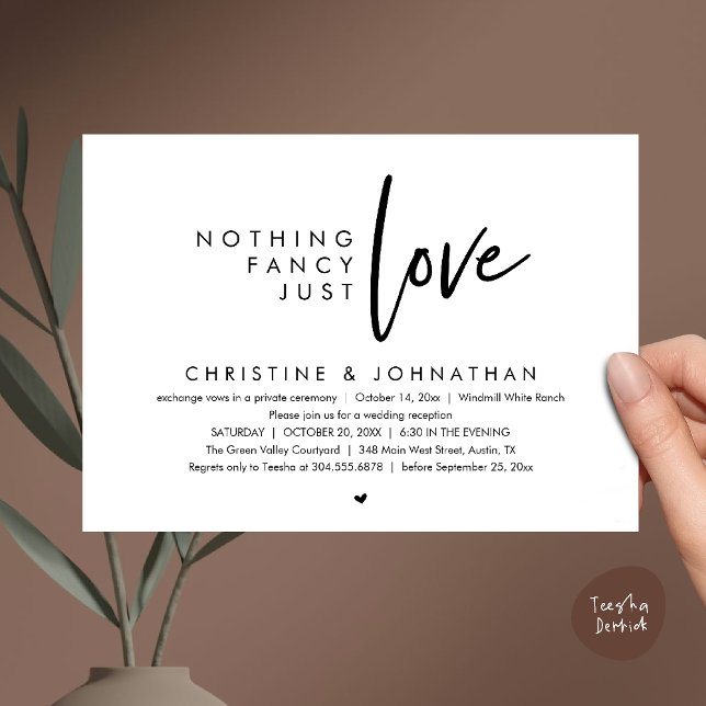 Invitación Nothing Fancy, Just Love, Modern Wedding Reception (Nothing Fancy, Just Love, Modern Wedding Reception Dinner Lunch Brunch Invitation Card Black White)