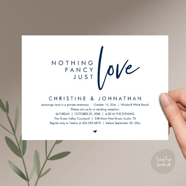 Invitación Nothing Fancy, Just Love, Modern Wedding Reception (Nothing Fancy, Just Love, Modern Wedding Reception Dinner Lunch Brunch Invitation Card in Navy Blue)