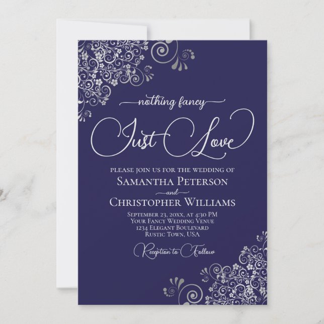 Invitación Nothing Fancy Just Love Navy Blue & Silver Wedding (Anverso)