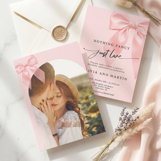 Invitación Nothing Fancy Just Love Pink Bow Photo Wedding (Subido por el creador)
