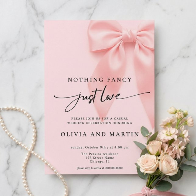 Invitación Nothing Fancy Just Love Pink Bow Wedding (Subido por el creador)