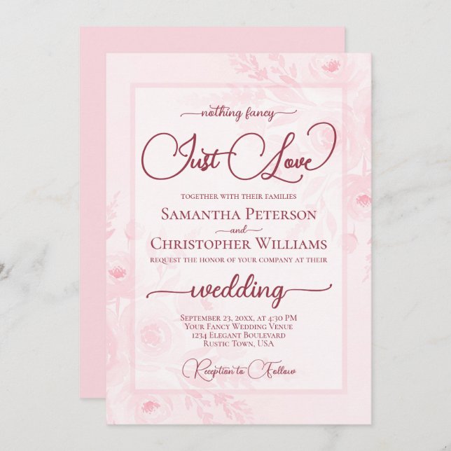 Invitación Nothing Fancy Just Love Pink Peonies Boho Wedding (Anverso / Reverso)
