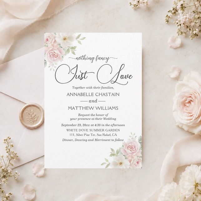 Invitación Nothing Fancy Just Love Rosas Soft Blush Bodas  (Subido por el creador)