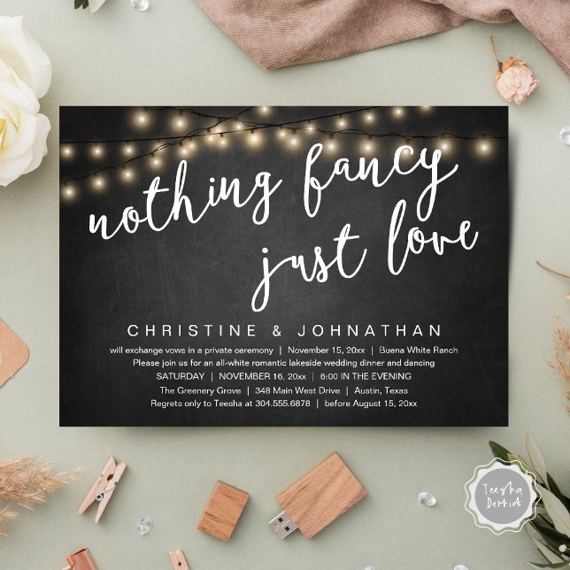 Invitación Nothing Fancy, Just Love Rustic Wedding Dinner (Nothing Fancy, Just Love Rustic Wedding Dinner Invitation Card PDF String Lights Grey Chalkboard)