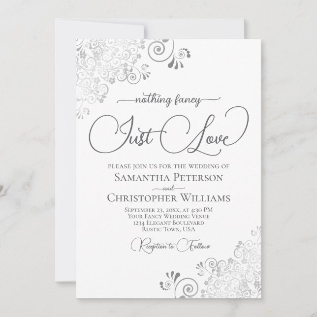 Invitación Nothing Fancy Just Love Silver & White Wedding (Anverso)