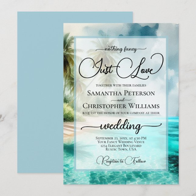 Invitación Nothing Fancy Just Love Tropical Beach Wedding (Anverso / Reverso)