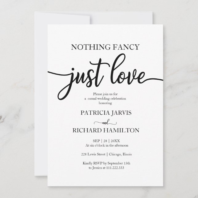 Invitación Nothing Fancy Just Love Wedding White Back  (Anverso)