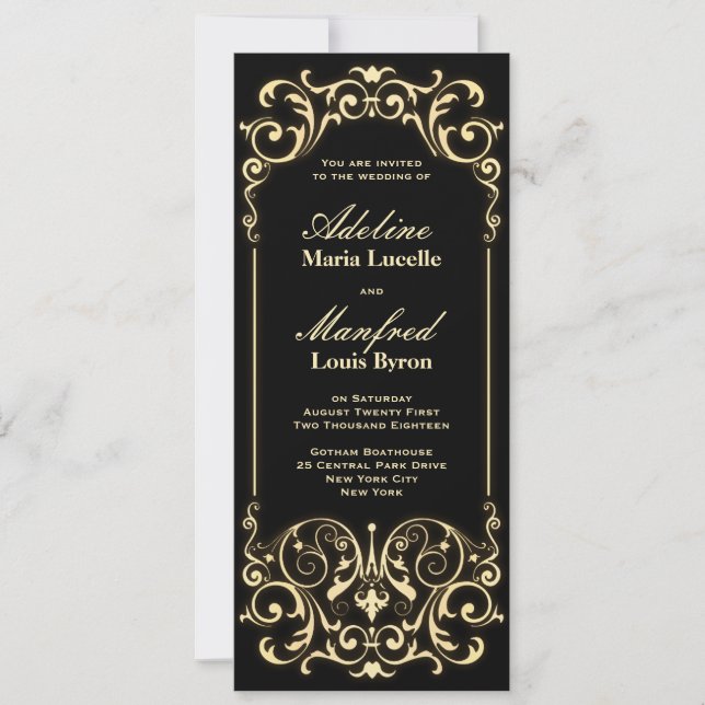 Invitación Nouveau Victorian: Boda de oro y negro (Anverso)
