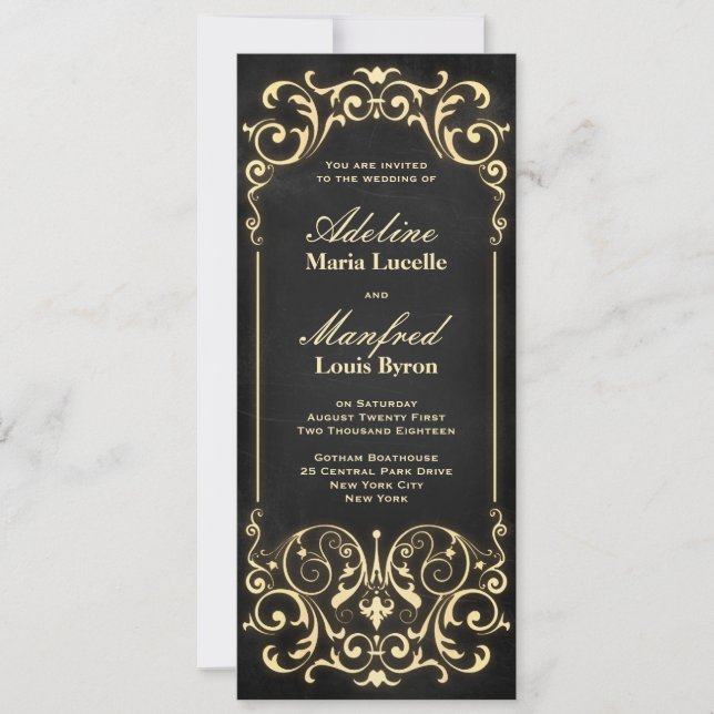Invitación Nouveau Victorian: Boda de oro y negro (Anverso)