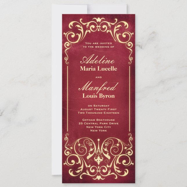 Invitación Nouveau Victorian: Boda rojo y oro (Anverso)