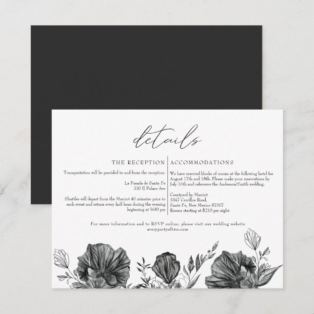 Invitación NOVA Elegante Boda gótico floral negro (Anverso / Reverso)