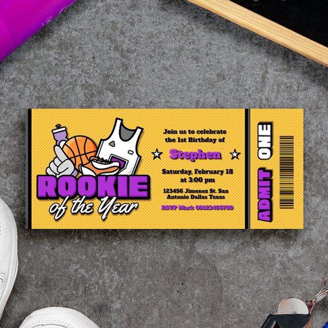 Invitación Novato del Año - Boleto de Primer Cumpleaños de Ni (Rookie of the Year - Boy First Birthday Ticket Invitation)