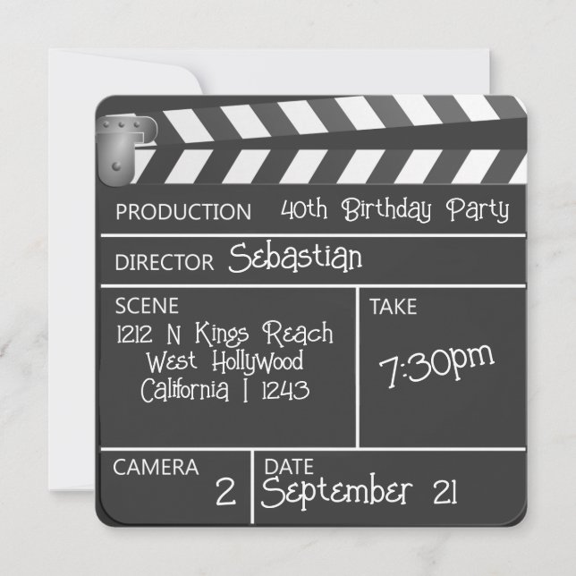 Invitación Novedad Cine Personalizado Clapperboard Cumpleaños (Anverso)