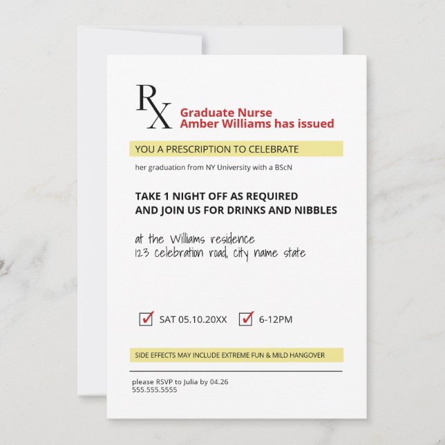 Invitación Novedad divertida Rx Receta Licenciatura de enferm (Anverso)